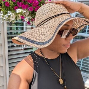 Wide Brim Straw Sun Hat | Floppy Woven Beach Hat with Black Trim | Bohemian